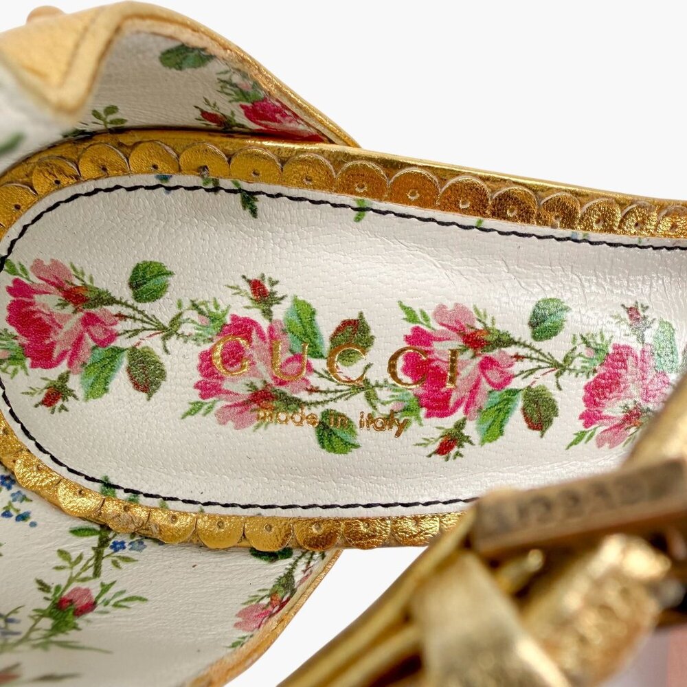 Gucci Regina Metallic Gold Pearl Studded T-Strap Heels Bee GG Size 37.5 US 7.5 - Picture 15 of 15